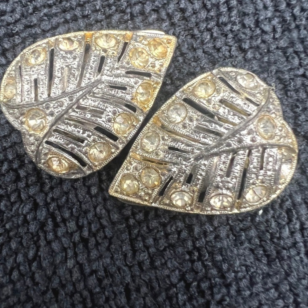 Vintage Rhinestone Shoe Clips Leaf Design Silver Tone READ
